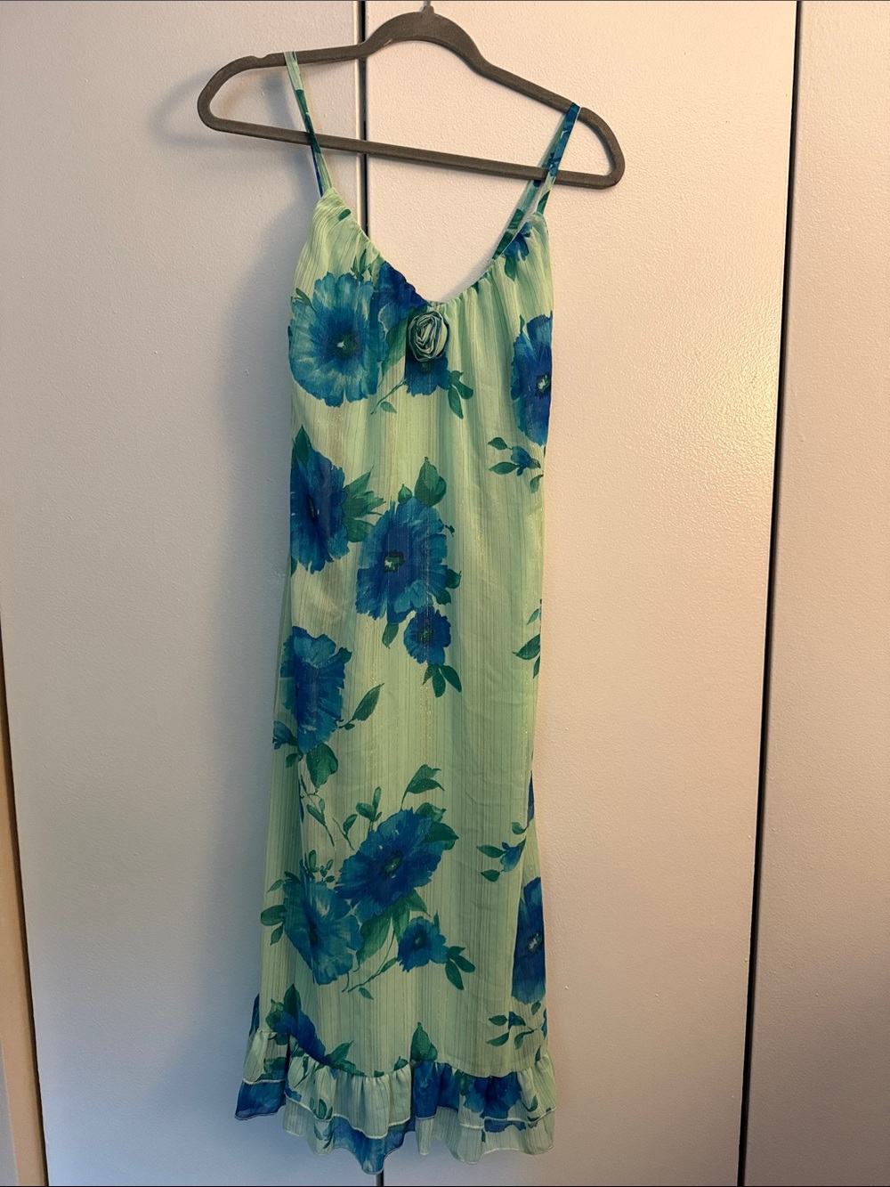 Vintage Y2K Mimi Chica Blue and Green Floral Spaghetti Strap Dress Size Small